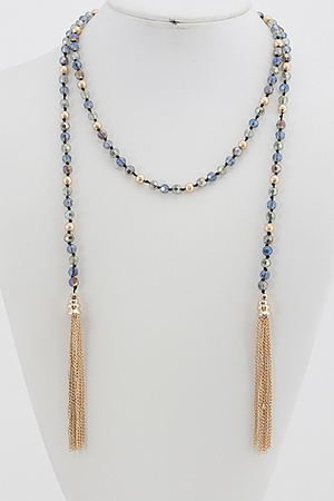 Long Beaded Necklace with Shiny Pearls and Tassel Details 5LBC6